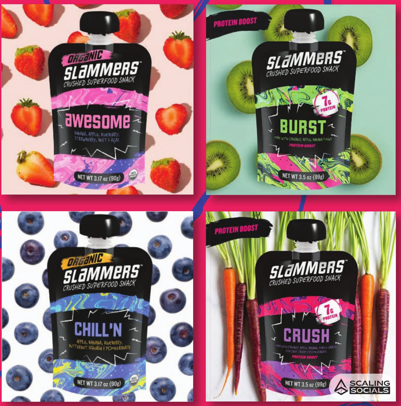 Superfood snack pouch packaging, four flavours